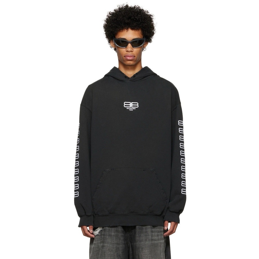 Balenciaga BB Oversized Sweatshirt Hoodie Black Distressed Size Large Unisex